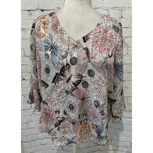 Roz & Ali Butterfly and Floral Semi Sheer Blouse Silver Metallic Threads Size S - Picture 1 of 7